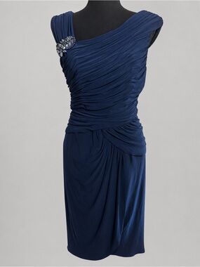 Adrianna Papell Evening Navy Ruched Beaded Cocktail Dress Sz 14 Wedding Guest
